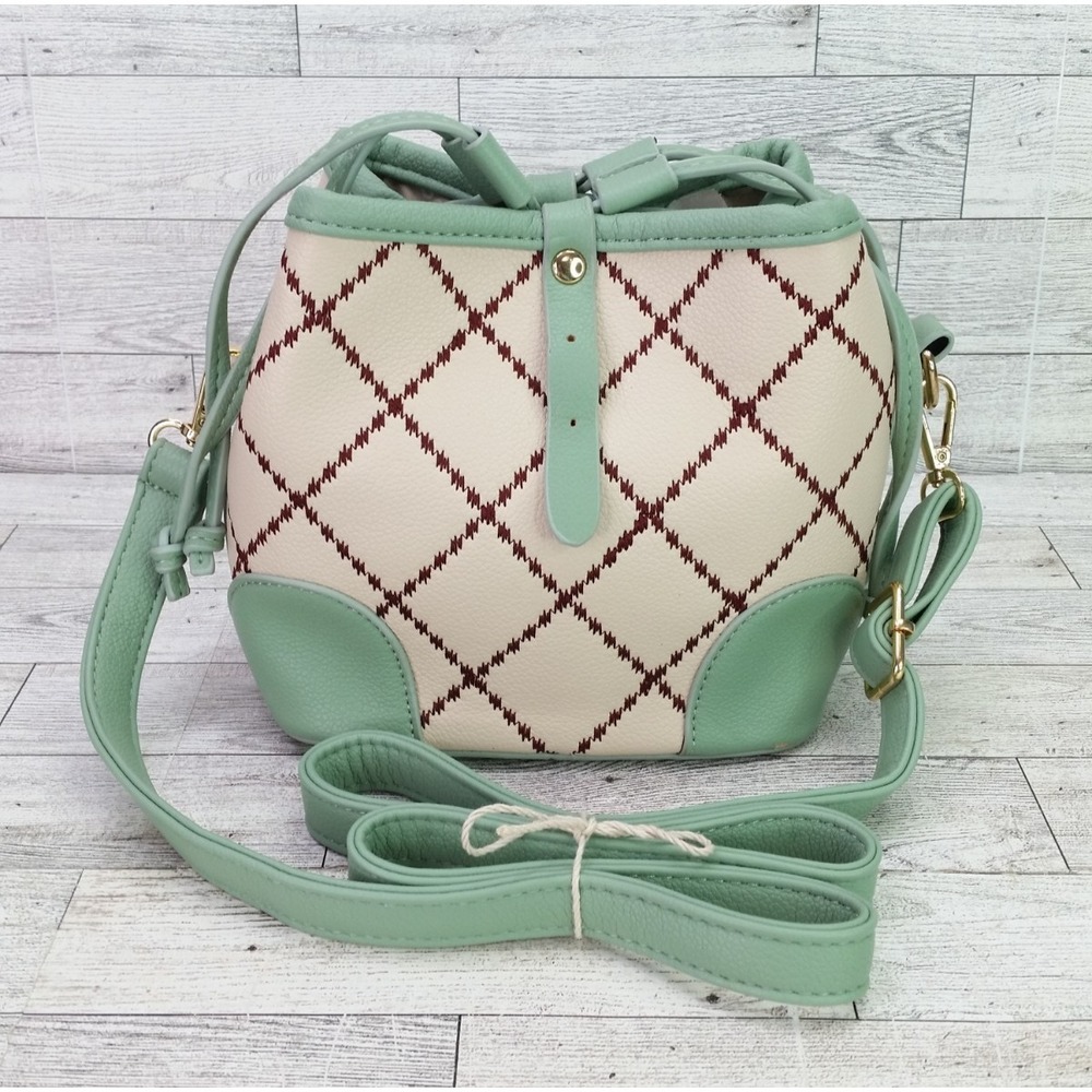 Amiya Bucket Bag Satchel Purse Crossbody Faux Leather Cottagecore‎ Green Cream